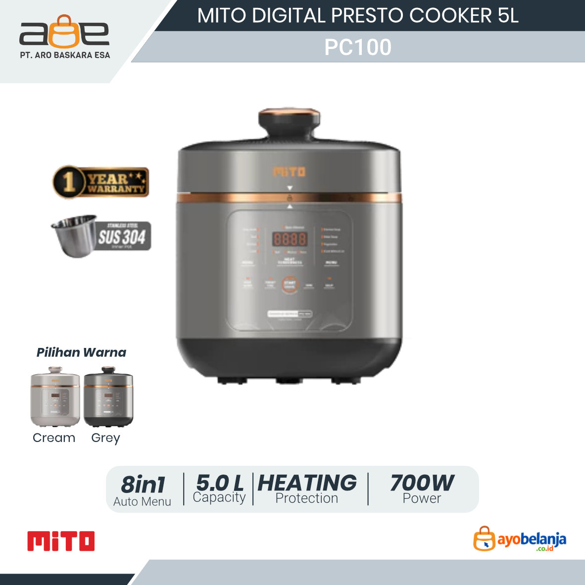 MITO - DIGITAL PRESTO COOKER -
PC100 DIAMOND SERIES - 5L